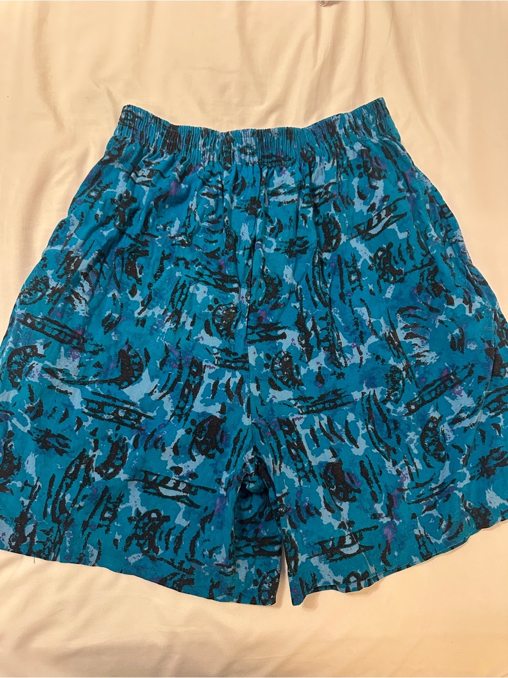 Blue vintage Abstract Pattern Elastic Waist Shorts